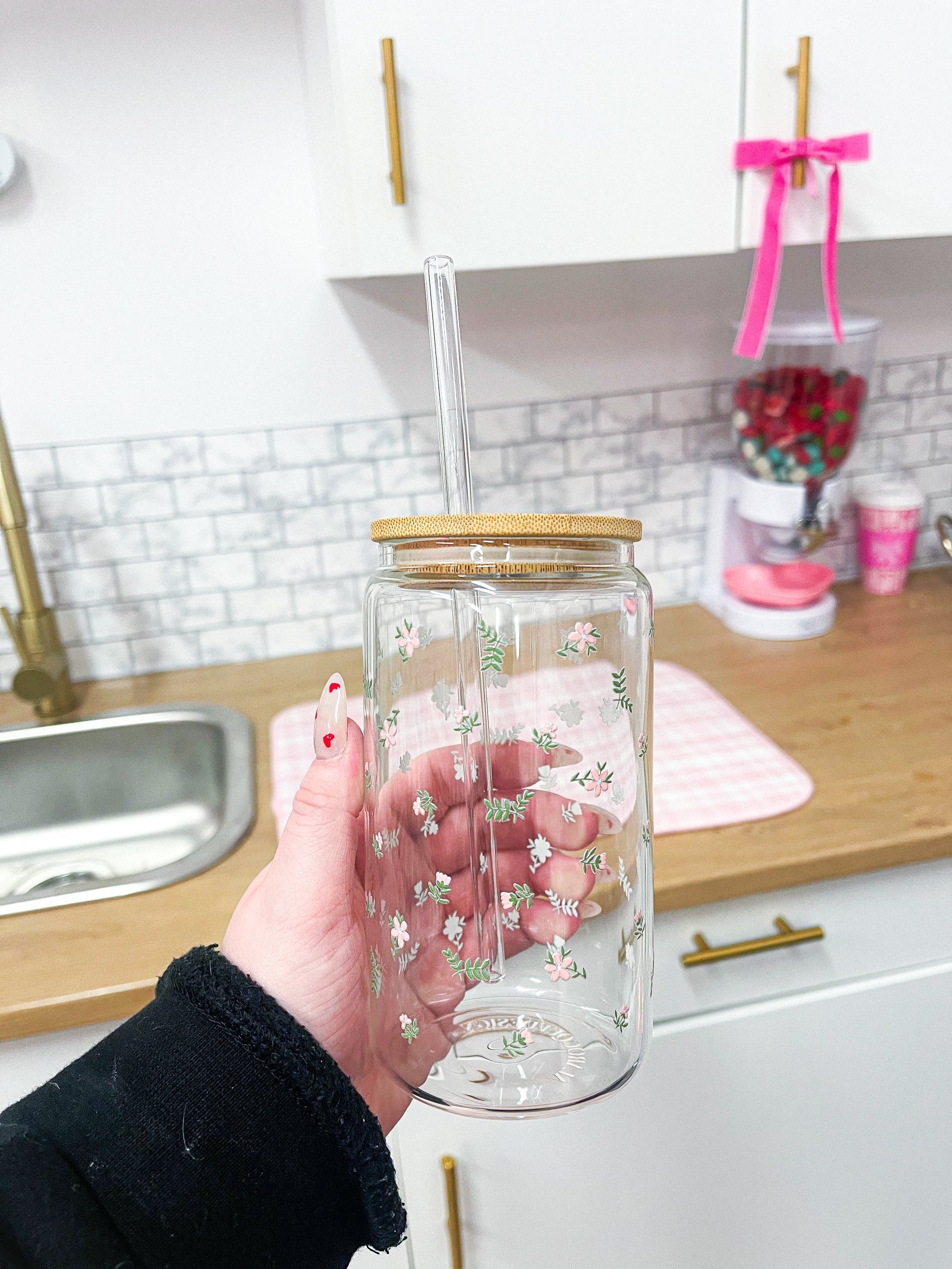 Verre 16 oz - Fleurs minimalistes roses et feuilles