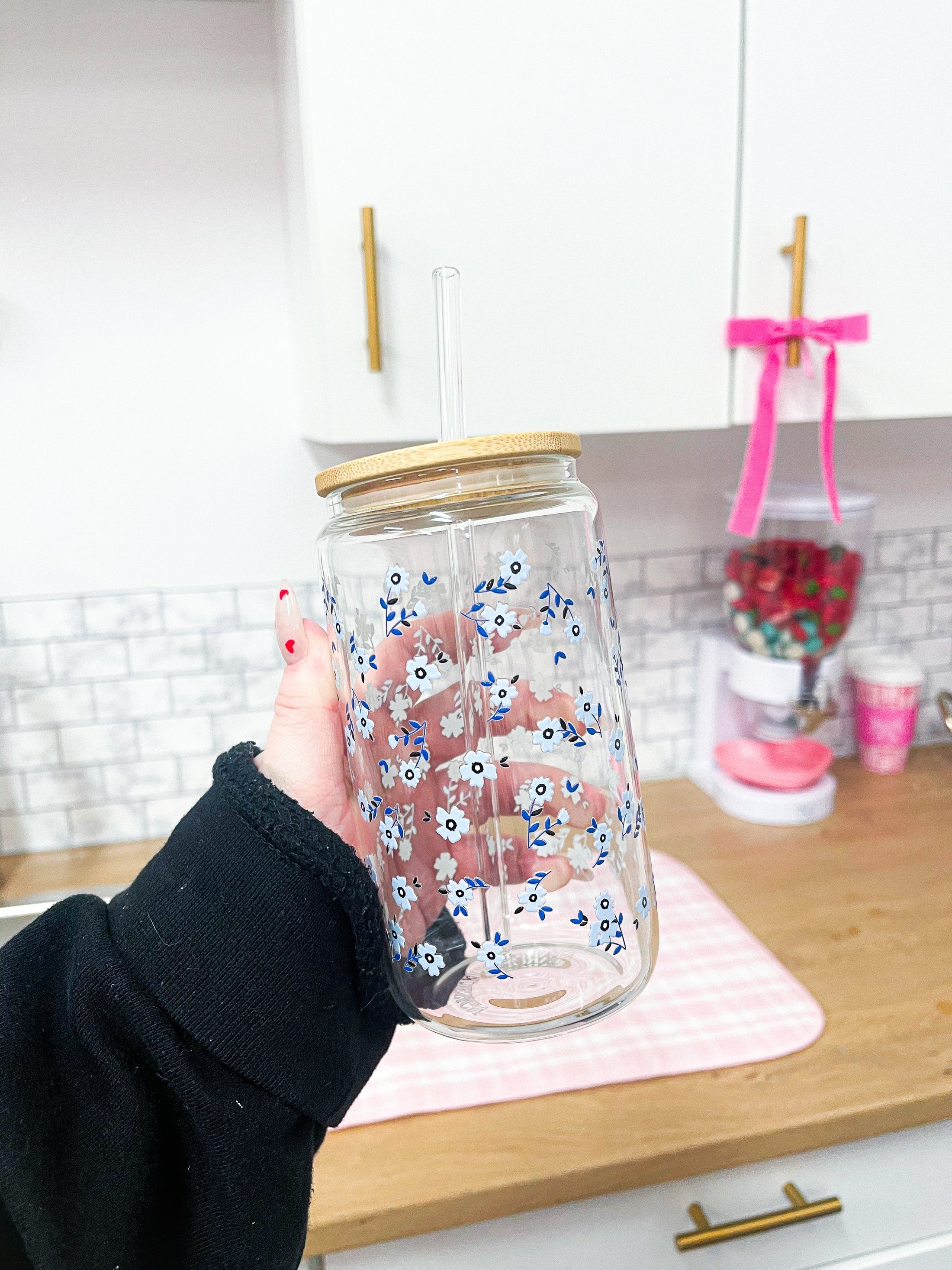 Verre 16 oz - Fleurs bleues pâles et foncées