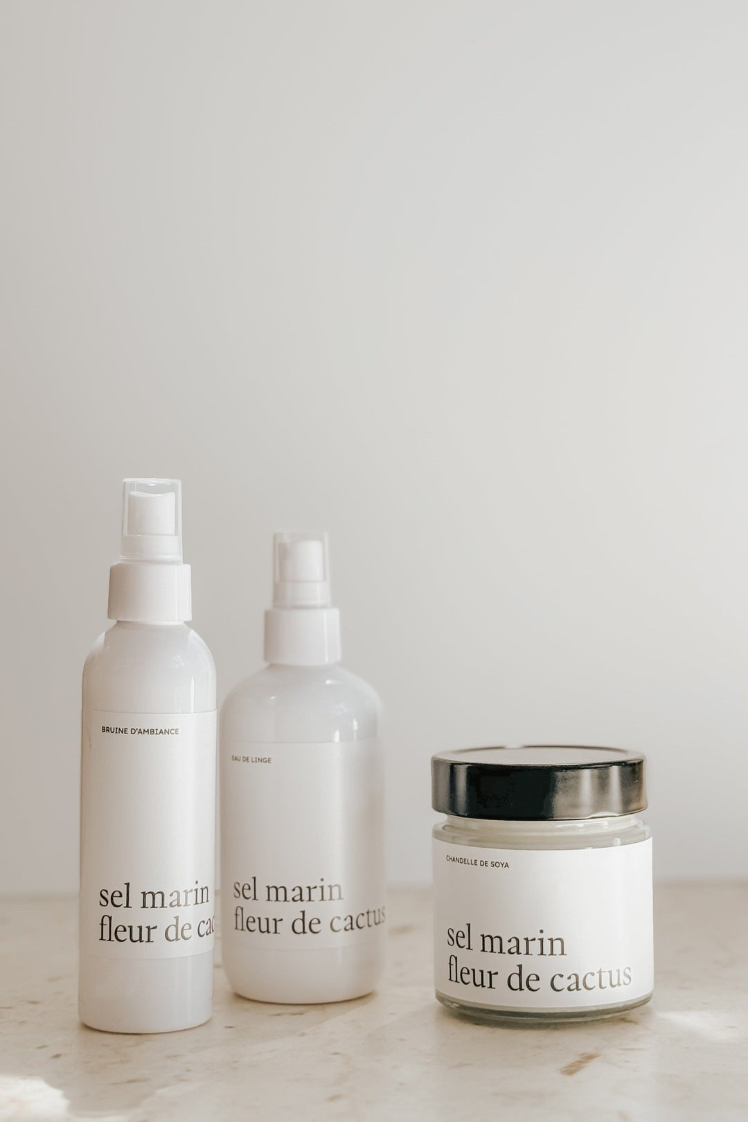 ENSEMBLE CADEAU - Sel marin fleur de cactus - Bruine, eau de linge et chandelle