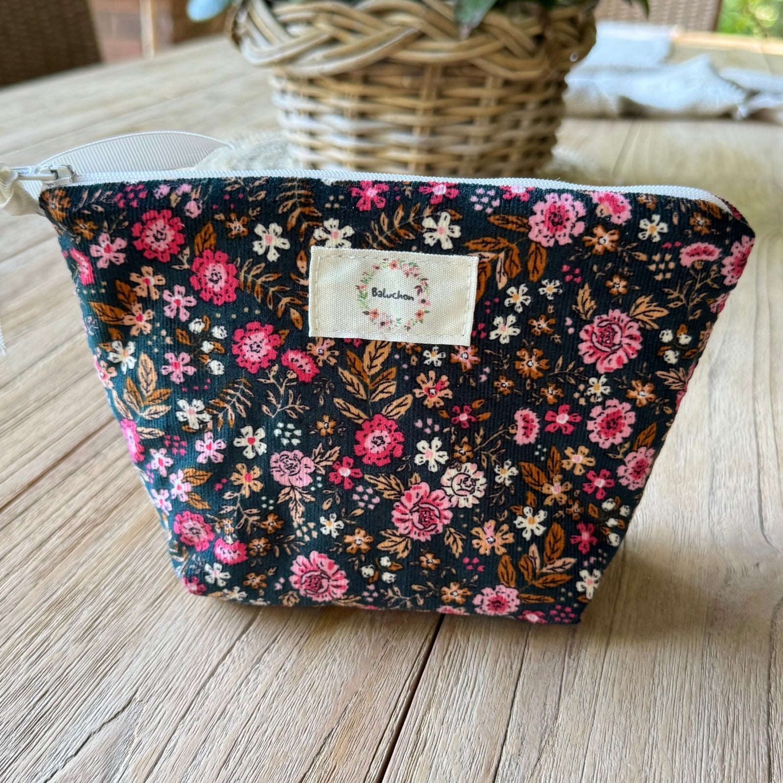 Sac à cosmétique format petit en corduroy fleuri