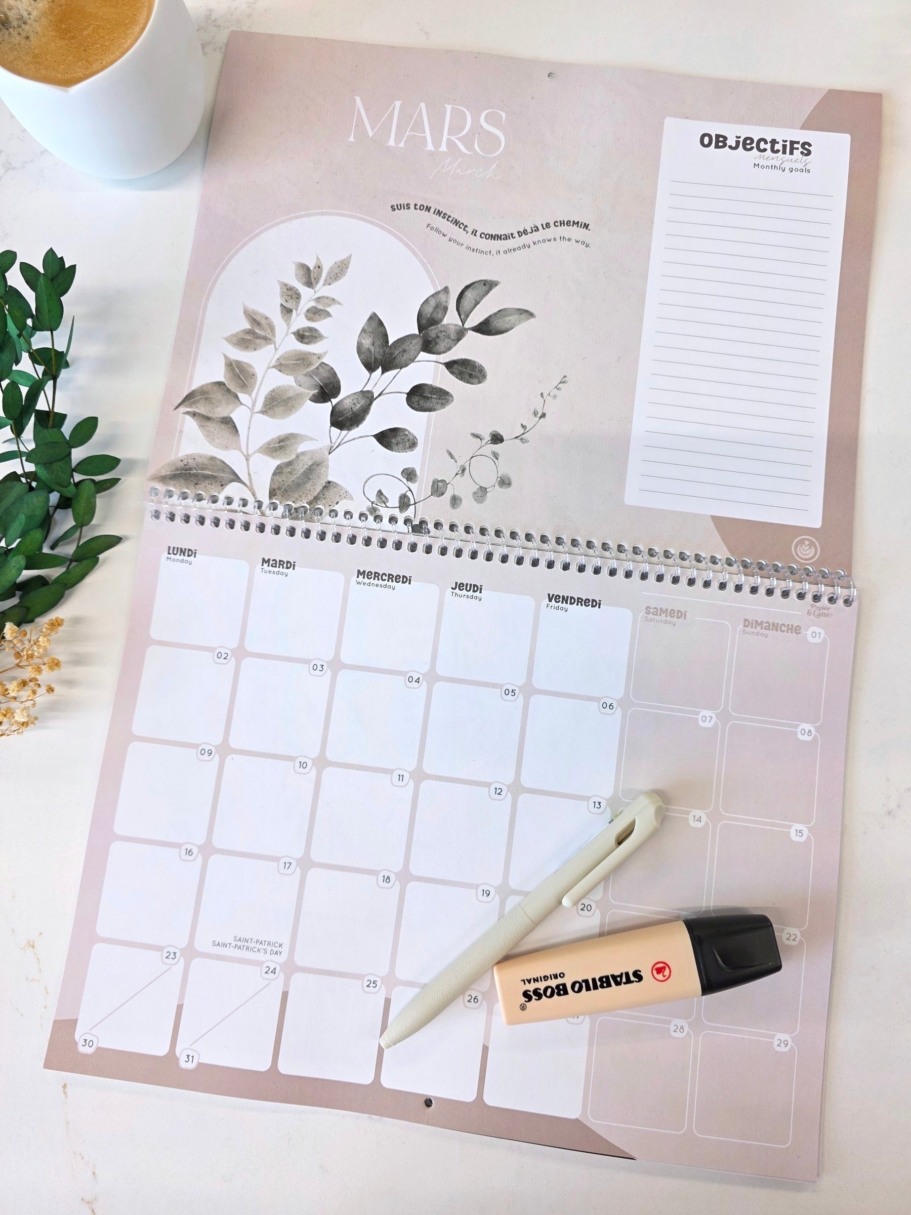 Calendrier mural 2026 - Eucalyptus - Bilingue