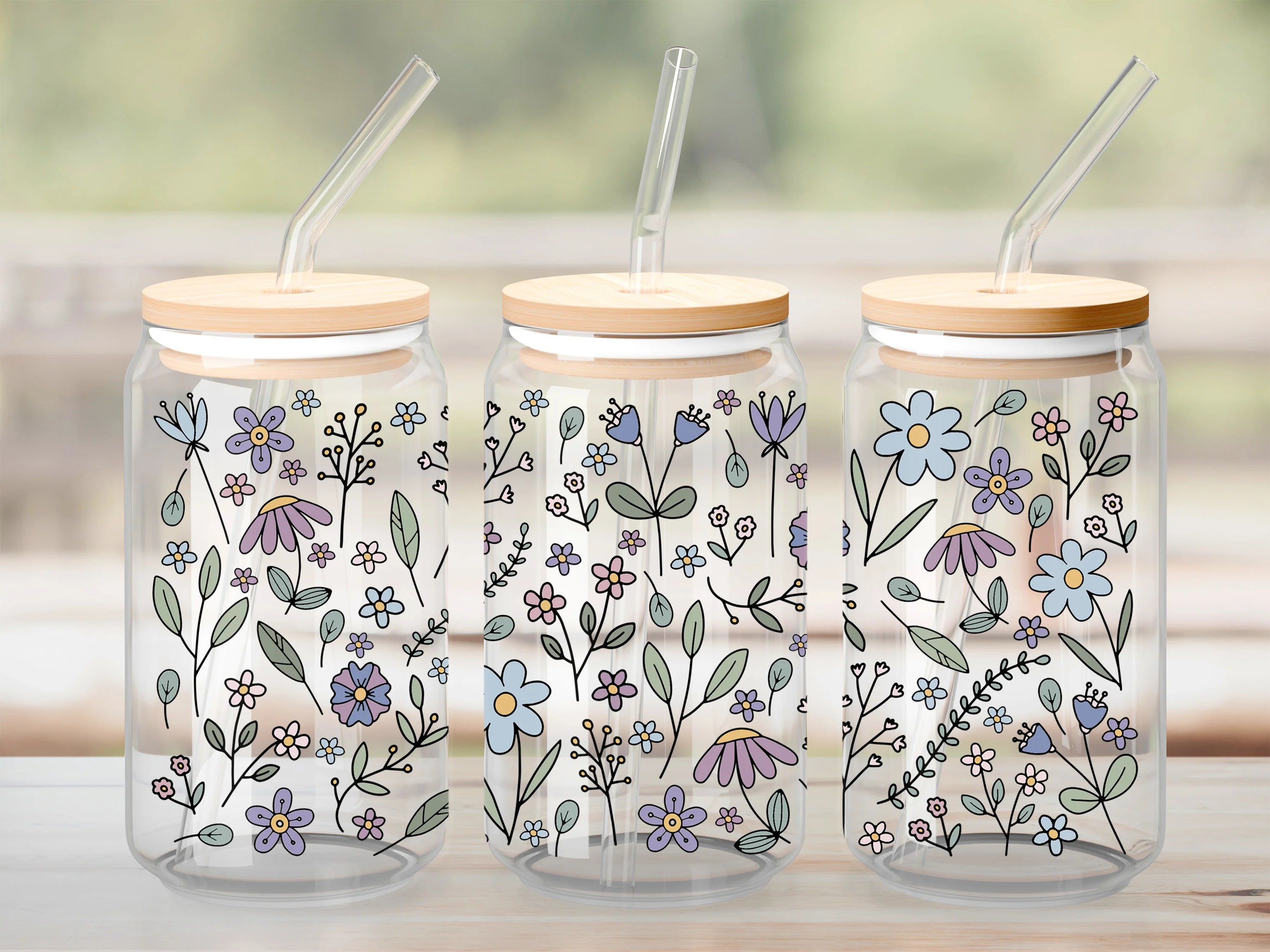 Verre à paille – Champs de fleurs mauve et bleu