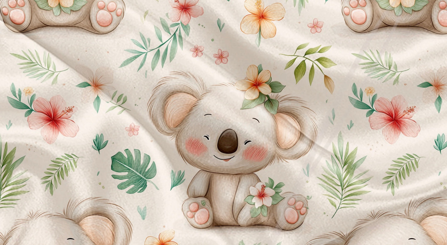 Couverture en minky - Koala souriant et fleurs tropical