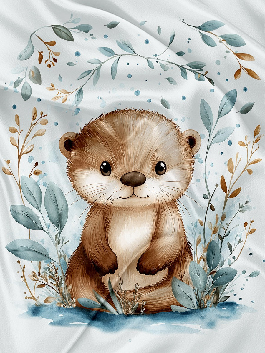 Couverture en minky - Panneau Loutre et feuillage aquarelle