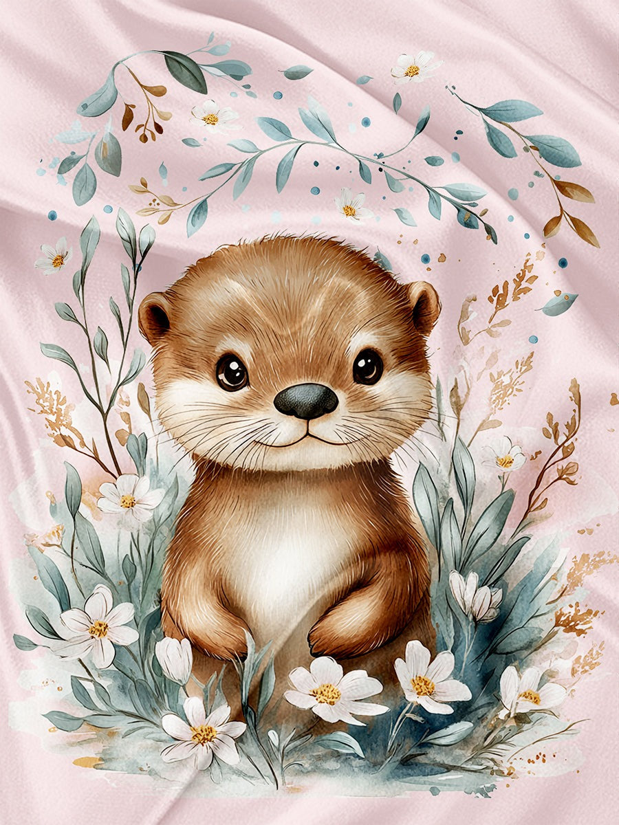 Couverture en minky - Panneau loutre fleurs et feuillage aquarelle