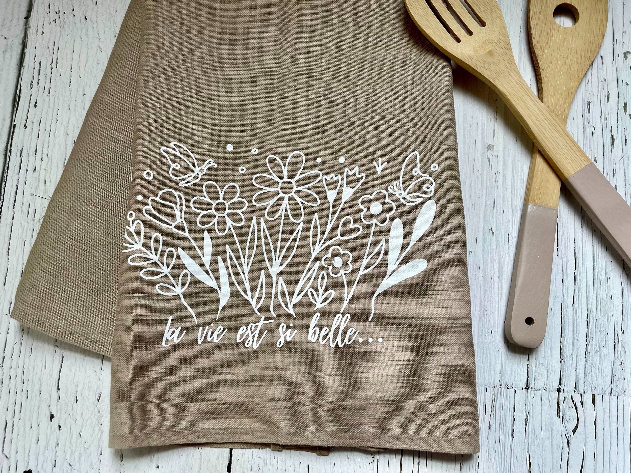 Linge à vaiselle en lin - La vie est si belle "explosion de fleurs"