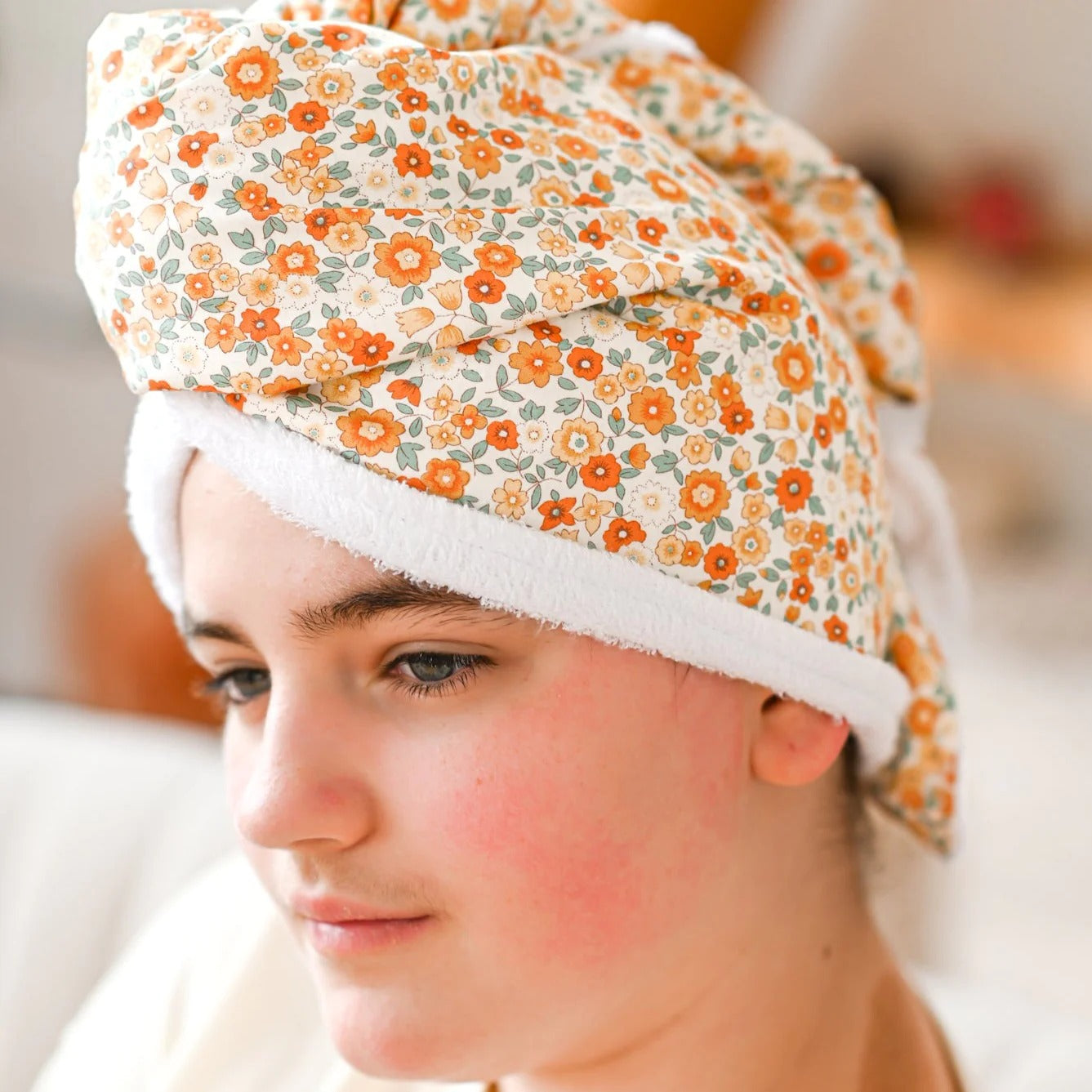 Serviette pour cheveux - Fleurs orangées Bambou